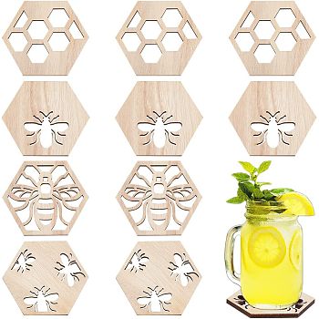 12Pcs 4 Style Wood Cup Mat, Hollow-out Coaster, Hexagon with Bees & Hexagon Pattern, Mixed Patterns, 82x95x5mm, 3pcs/style