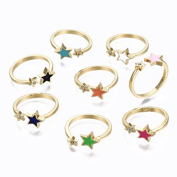 Brass Micro Pave Clear Cubic Zirconia Cuff Rings, Open Rings, with Enamel, Cadmium Free & Nickel Free & Lead Free, Star, Golden, Mixed Color, US Size 7 1/4(17.5mm)
