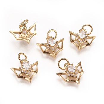 Brass Micro Pave Cubic Zirconia Charms, Long-Lasting Plated, Bat, Clear, Golden, 11x12.5x4mm, Hole: 3.5mm