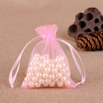 Organza Jewellery Storage Pouches, Wedding Favour Party Mesh Drawstring Gift Bags, Rectangle, Pearl Pink, 9x7cm
