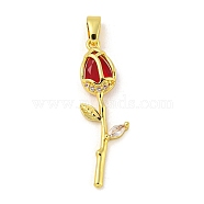 Rose Flower for Valentine's Day Real 18K Gold Plated Rack Plating Brass Micro Pave Cubic Zirconia Pendants, Long-Lasting Plated, Lead Free & Cadmium Free, Red, 28x8.5x4mm, Hole: 4.5x2.5mm(KK-R153-01C-G)