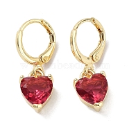 Real 18K Gold Plated Brass Heart Dangle Leverback Earrings, with Heart Glass, Cerise, 25x8.5mm(EJEW-L269-046G-01)