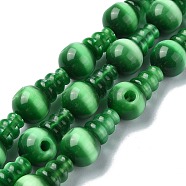 Cat Eye 3-Hole Guru Bead Strands, for Buddhist Jewelry Making, T-Drilled Beads, Green, 16x10mm, Hole: 2~2.5mm(G-K149-52B)