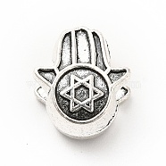 Tibetan Style Alloy European Beads, Large Hole Beads, Hamsa Hand with Star of David, Antique Silver, 13x11x7mm, Hole: 4.5mm, about 223pcs/500g(PALLOY-P293-116AS)
