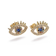 Brass Micro Pave Cubic Zirconia Stud Earrings, Evil Eye, Golden, Colorful, 14.4x10x2.4mm, Pin: 0.7mm(EJEW-L224-29G)