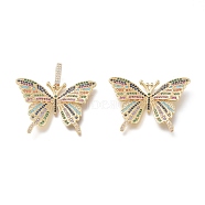 Brass Micro Pave Cubic Zirconia Pendants, Colorful, Butterfly, Real 18K Gold Plated, 31x42.5x6mm, Hole: 4X8.5mm(KK-O127-27G)