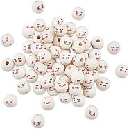 SUPERFINDINGS Maple Wood European Beads, Printed, Large Hole Beads, Undyed, Round with Shy Expression, Old Lace, 17~18mm, Hole: 5mm, about 120pcs(WOOD-FH0001-53)