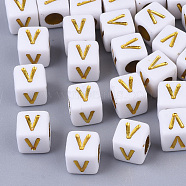 Plating Acrylic Beads, Horizontal Hole, Golden Metal Enlaced, Alphabet Style, Cube, Letter.V, 5.5~6x5.5~6x5.5~6mm, Hole: 3.5mm, about 3000pcs/500g(SACR-S297-09V)