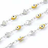 304 Stainless Steel Enamel  Link Chains, Evil Eye & Heart Link, Unwelded, with Spool, Stainless Steel Color, Yellow, Evil Eye: 11x4x3mm, Heart: 10x6x2mm,  16.4 Feet(5m)/roll(STAS-H145-10C-P)
