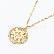 Brass Micro Pave Clear Cubic Zirconia Pendant Necklaces, Flat Round with Letter, Real 18K Gold Plated, Letter.E, 16.14~17.20 inch(41~43.7cm)(NJEW-J059-01E)