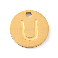 Ion Plating(IP) 304 Stainless Steel Pendants, Laser Cut, Flat Round with Letter Charm, Golden, Letter U, 10x1mm, Hole: 1.4mm(FIND-M017-02G-U)