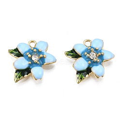 Rack Plating Alloy Enamel Charms, with Crystal Rhinestone, Flower, Cadmium Free & Lead Free, Golden, Deep Sky Blue, 14x15x4.5mm, Hole: 1.6mm(ENAM-N058-01D)