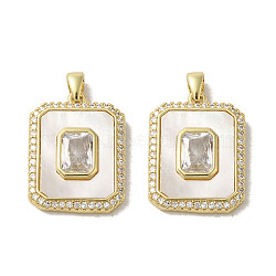 Brass Micro Pave Clear Cubic Zirconia Pendants, with Shell, Real 18K Gold PlatedPlated, Rectangle, 20x15x3mm, Hole: 2.5x4mm(KK-I708-02D-G)