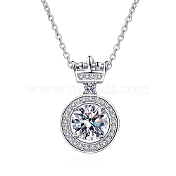 Anti-Tarnish Rhodium Plated 925 Sterling Silver Micro Pave Clear Cubic Zirconia Cable Chain Necklaces, Crystal Moissanite Rhinestone Flat Round with Crown Pendant Necklaces, Platinum, 16.14 inch(41cm), Pendant: 18x10.8x5.8mm.(AJEW-U007-03P)