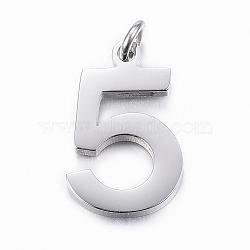 304 Stainless Steel Pendants, Number.5, Stainless Steel Color, 19x12x2mm, Hole: 3mm(STAS-H386-04P-5)