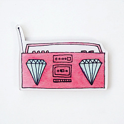 Acrylic Safety Brooches, with Iron Pin, Radio, Flamingo, 32.5x44.5x8.5mm, Pin: 0.7mm(JEWB-WH0001-16)