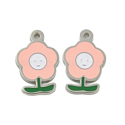 304 Stainless Steel Charms, with Enamel, Flower with Smiling Face Charm, Stainless Steel Color, Pink, 13x8x1mm, Hole: 1mm(STAS-L022-435P-01)