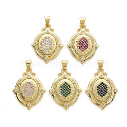 Brass Micro Pave Cubic Zirconia Pendants, Cadmium Free & Nickel Free & Lead Free, Real 16K Gold Plated, Oval, Mixed Color, 27x20x4mm, Hole: 3x5mm(KK-Q283-042-NR)