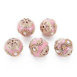 Handmade Indonesia Beads, with Crystal AB Rhinestone and Golden Tone Brass Findings, Round, Pink, 20x19~20mm, Hole: 1.5~1.8mm(IPDL-N003-004)