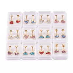 304 Stainless Steel Earlobe Plugs, Screw Back Earrings, with Polymer Clay Rhinestone, Heart, Golden, Mixed Color, 15mm, Pin: 1mm(EJEW-H105-08)