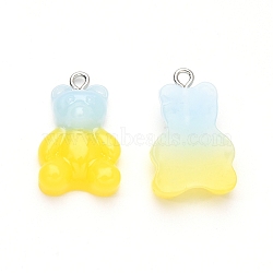 Gradient Color Opaque Resin Pendants, with Glitter Powder and Platinum Tone Iron Peg Bails, Bear, Yellow, 23.5x15x6.5mm, Hole: 1.8mm(RESI-R433-01F)