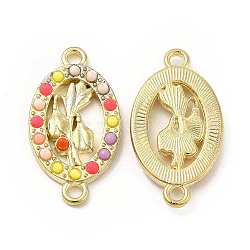 Alloy Connector Charms, with Synthetic Turquoise, Oval with Flower, Golden, 25x13.5x2.5mm, Hole: 1.8mm(FIND-H039-05G)