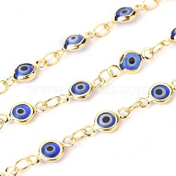 Handmade Evil Eye Lampwork Link Chains, Soldered, with Brass Findings, with Spool, Long-Lasting Plated, Flat Round, Golden, Blue, 10x4.5x2mm, Hole: 1.5mm, about 32.8 Feet(10m)/roll(CHC-F009-01A-G07)