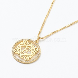 Brass Micro Pave Clear Cubic Zirconia Pendant Necklaces, Flat Round with Letter, Real 18K Gold Plated, Letter.E, 16.14~17.20 inch(41~43.7cm)(NJEW-J059-01E)