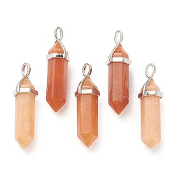 Natural Red Aventurine Pointed Pendants, with Platinum Tone Brass Findings, Bullet, 39.5x12x11.5mm, Hole: 4.5x2.8mm(G-M378-01P-A04)