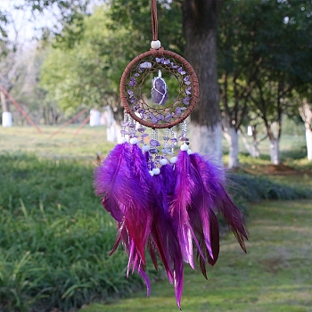 Natural Amethyst Chips Woven Net/Web with Feather Pendant Decoration, Iron Ring Hanging Ornament, 400x70mm