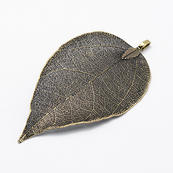 Brass Plated Natural Leaf Big Pendants, Long-Lasting Plated, Leaf, Antique Bronze, 52~86x23~46x0.5~3mm, Hole: 3x5.5mm