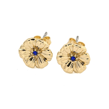 Brass Micro Pave Cubic Zirconia Ear Studs, Flower, Golden, Dark Blue, 10mm