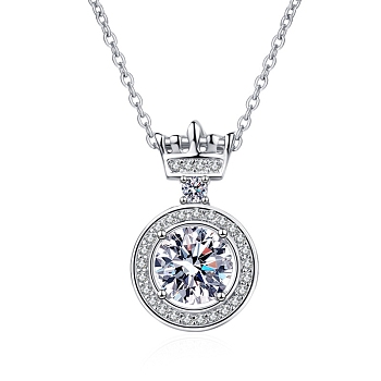 Anti-Tarnish Rhodium Plated 925 Sterling Silver Micro Pave Clear Cubic Zirconia Cable Chain Necklaces, Crystal Moissanite Rhinestone Flat Round with Crown Pendant Necklaces, Platinum, 16.14 inch(41cm), Pendant: 18x10.8x5.8mm.