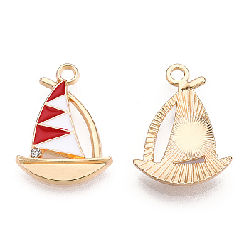 Alloy Enamel Pendants, with Crystal Rhinestone, Light Gold, Sailboat, Red, 21.5x15.5x2.5mm, Hole: 2mm