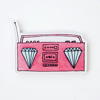Acrylic Safety Brooches, with Iron Pin, Radio, Flamingo, 32.5x44.5x8.5mm, Pin: 0.7mm