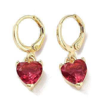 Real 18K Gold Plated Brass Heart Dangle Leverback Earrings, with Heart Glass, Cerise, 25x8.5mm