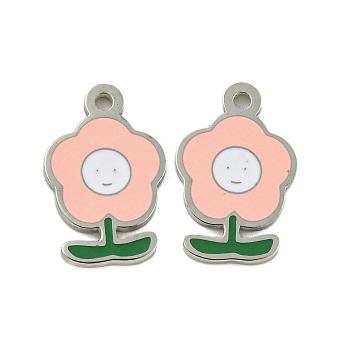 304 Stainless Steel Charms, with Enamel, Flower with Smiling Face Charm, Stainless Steel Color, Pink, 13x8x1mm, Hole: 1mm