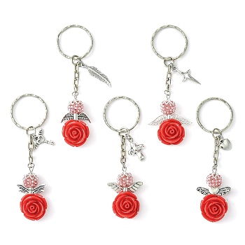 Resin & Alloy & Glass Keychain, with Iron Findings, Flower Angel, Antique Silver & Platinum, 8.5cm, 5pcs/set