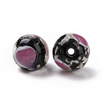 Handmade Lampwork Beads, Round with Heart Pattern, Black, 12x11.5mm, Hole: 1.8mm