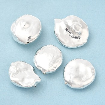 Brass Beads, with Electroplated Pearl inside, Irregular Flat Round, Silver, 20.5~25x19.5~20.5x10~11mm, Hole: 0.8mm