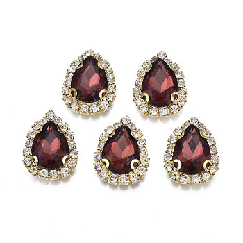 Sew on Rhinestone, Transparent Glass Rhinestone, with Brass Prong Settings, Faceted, Teardrop, Dark Red, 19x14.5x5.5mm, Hole: 1mm
