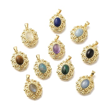 Natural Mixed Stone Pendants, Rack Plating Golden Tone Brass Oval Charms, Long-Lasting Plated, 18x14x6mm, Hole: 3.5x3mm