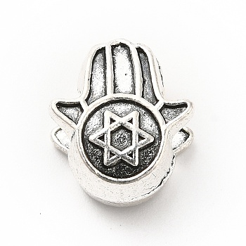 Tibetan Style Alloy European Beads, Large Hole Beads, Hamsa Hand with Star of David, Antique Silver, 13x11x7mm, Hole: 4.5mm, about 223pcs/500g