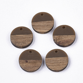 Resin & Walnut Wood Pendants, Flat Round, Camel, 18x3.5mm, Hole: 1.5mm