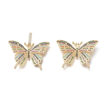 Brass Micro Pave Cubic Zirconia Pendants, Colorful, Butterfly, Real 18K Gold Plated, 31x42.5x6mm, Hole: 4X8.5mm