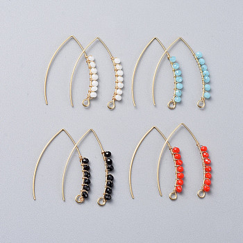 304 Stainless Steel Earring Hooks, with Faceted Rondelle Glass Beads and Horizontal Loop, Golden, Mixed Color, 40x28x3mm, Hole: 3x2mm, 20 Gauge, Pin: 0.8mm