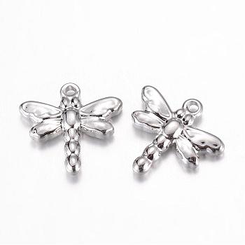 201 Stainless Steel Charms, Dragonfly, Stainless Steel Color, 15x16x3.5mm, Hole: 1mm