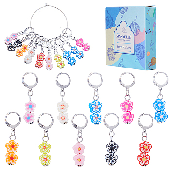 Handmade Polymer Clay Flower Pendant Locking Stitch Markers, 304 Stainless Steel Leverback Hoop Stitch Marker, Mixed Color, 4cm, 10 colors, 2pcs/color, 20pcs/set