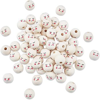 SUPERFINDINGS Maple Wood European Beads, Printed, Large Hole Beads, Undyed, Round with Shy Expression, Old Lace, 17~18mm, Hole: 5mm, about 120pcs