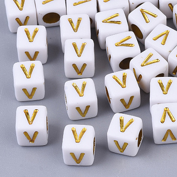 Plating Acrylic Beads, Horizontal Hole, Golden Metal Enlaced, Alphabet Style, Cube, Letter.V, 5.5~6x5.5~6x5.5~6mm, Hole: 3.5mm, about 3000pcs/500g
